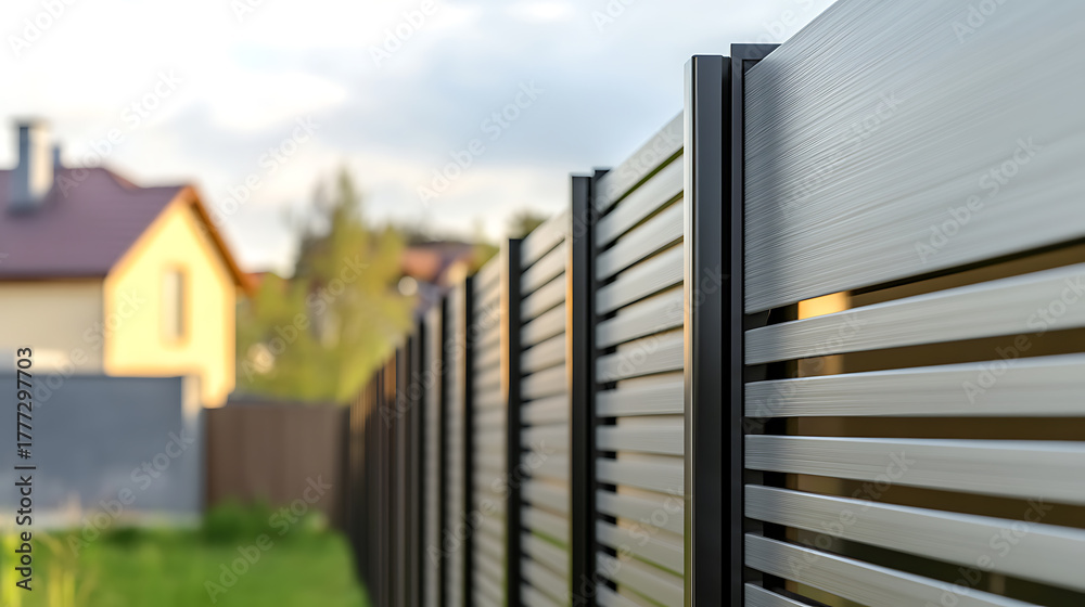 Fototapeta premium A modern horizontal plank fence in the yard. The fence is constructed with aluminum. The yard has a house and grass in the distance providing privacy and security to the residence.