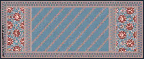 Ajrakh inspired dupatta layout with floral geometric block print and diagonal stripes in blue and terracotta
