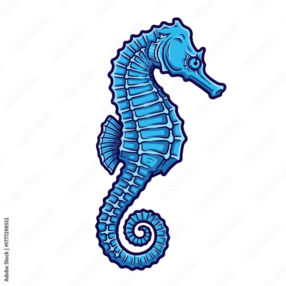 Fototapeta premium Striking Blue Seahorse Standing Upright Isolated Against a Clean White Background