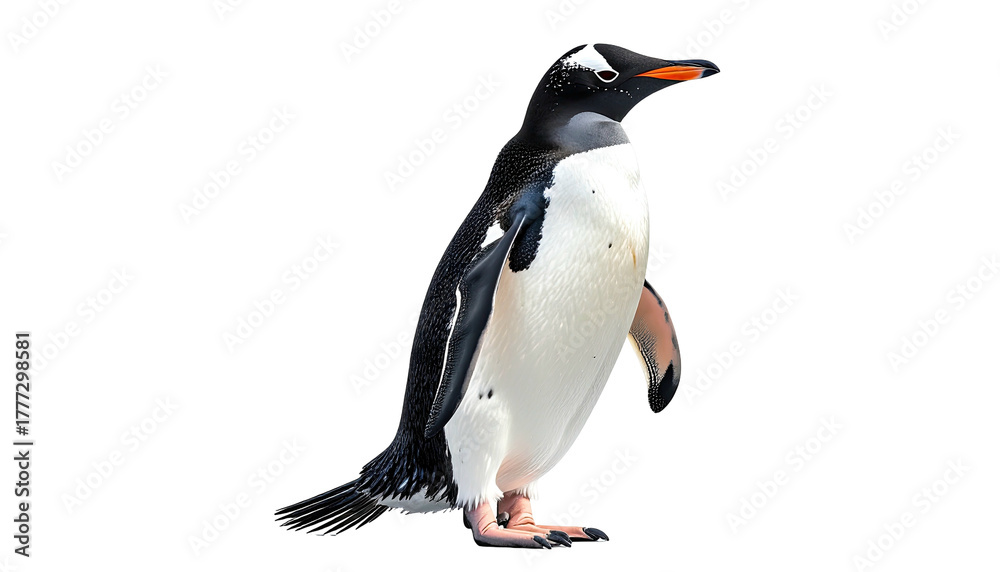 Fototapeta premium Gentoo penguin, stark white belly, orange beak stands isolated