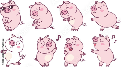 Vector cute pigs cartoons isolated. cute cartoon pigs in different poses and expressions. Set of nine adorable chubby pigs with round bodies, small ears, and pink snouts.