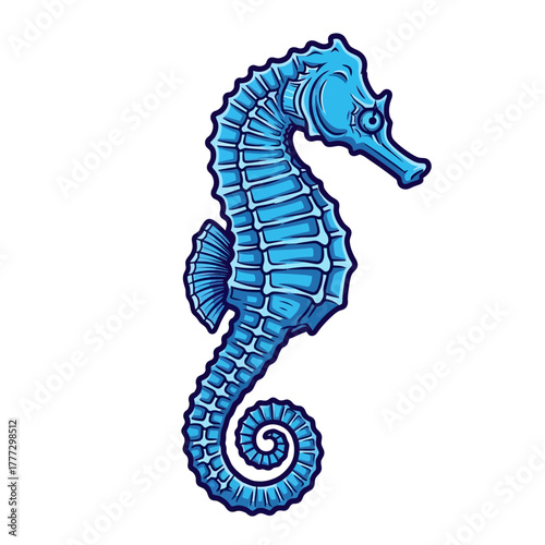 Striking Blue Seahorse Standing Upright Isolated Against a Clean White Background
