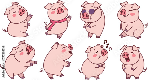 Vector cute pigs cartoons isolated. cute cartoon pigs in different poses and expressions. Set of nine adorable chubby pigs with round bodies, small ears, and pink snouts.