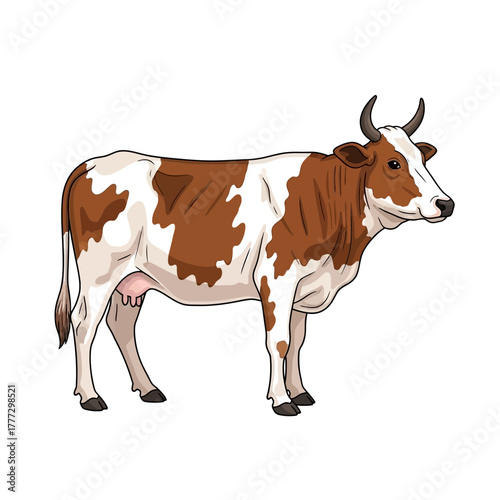Classic Brown and White Dairy Cow Illustration With Horns on a Clean White Background