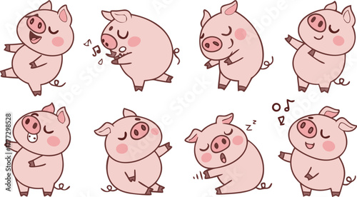 Vector cute pigs cartoons isolated. cute cartoon pigs in different poses and expressions. Set of nine adorable chubby pigs with round bodies, small ears, and pink snouts.