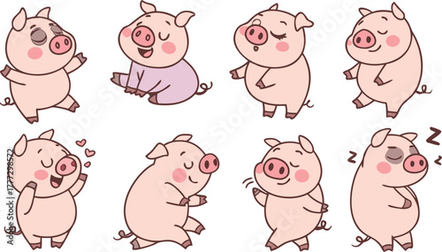 Vector cute pigs cartoons isolated. cute cartoon pigs in different poses and expressions. Set of nine adorable chubby pigs with round bodies, small ears, and pink snouts.