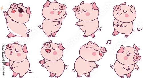 Vector cute pigs cartoons isolated. cute cartoon pigs in different poses and expressions. Set of nine adorable chubby pigs with round bodies, small ears, and pink snouts.