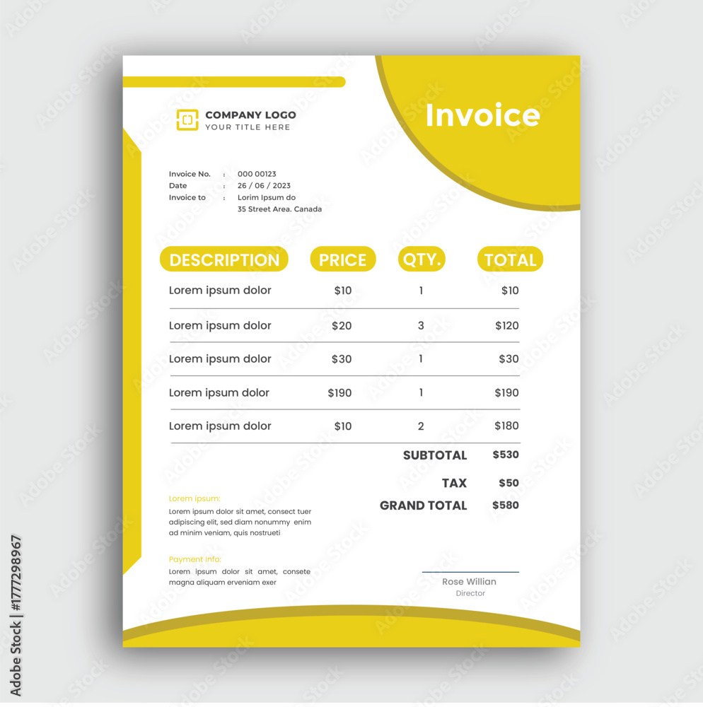 Fototapeta premium Modern yellow invoice template with itemized list and totals, isolated on white background