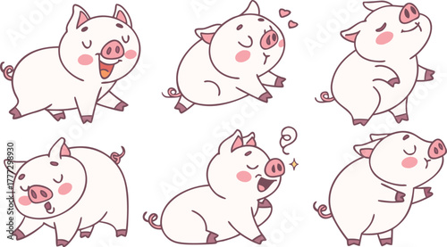 Vector cute pigs cartoons isolated. cute cartoon pigs in different poses and expressions. Set of nine adorable chubby pigs with round bodies, small ears, and pink snouts.