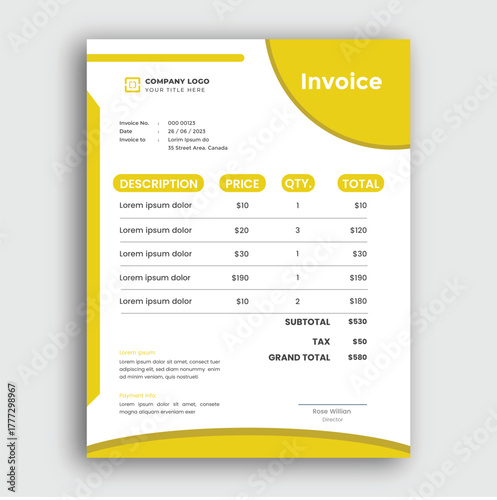 Modern yellow invoice template with itemized list and totals, isolated on white background