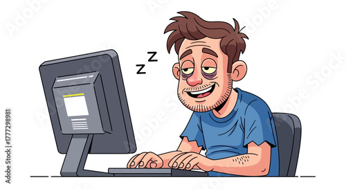 Cartoon of an exhausted man working on his computer late at night while trying to stay awake