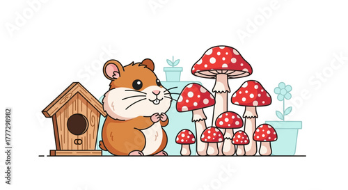 Playful hamster illustration near a birdhouse and cute red spotted mushrooms artwork