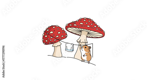 Enchanting forest dwelling: A heartwarming illustration of a hamster near toadstool fairy homes