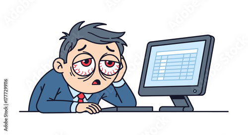 Cartoon businessman with bloodshot eyes staring blankly at a computer screen in despair