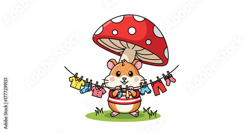 Enchanting illustration of a cheerful hamster doing laundry under a whimsical mushroom dwelling