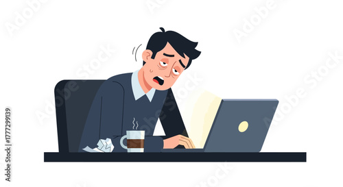 Burnout illustration showing exhausted man working on laptop with coffee and crumpled paper