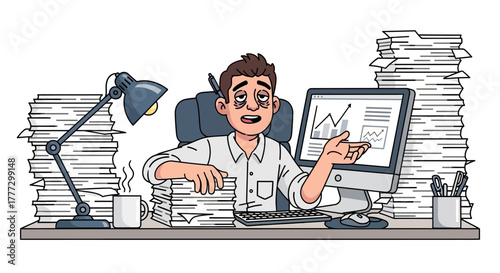 Cartoon depicting a stressed office worker overwhelmed by excessive paperwork and data