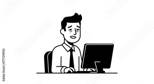 Man with tired eyes at his computer depicts work related stress and exhaustion