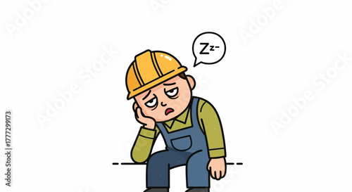 Cartoon construction worker exhausted at job, hard hat safety first and falling asleep at working