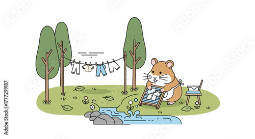 Hamster doing laundry in a calm spring landscape with trees and river illustration