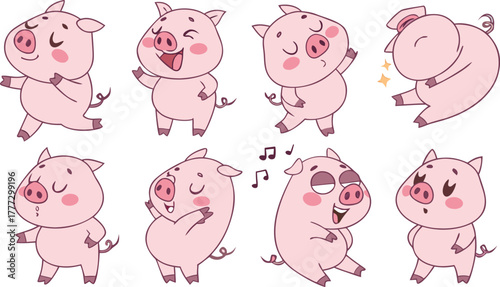 Vector cute pigs cartoons isolated. cute cartoon pigs in different poses and expressions. Set of nine adorable chubby pigs with round bodies, small ears, and pink snouts.