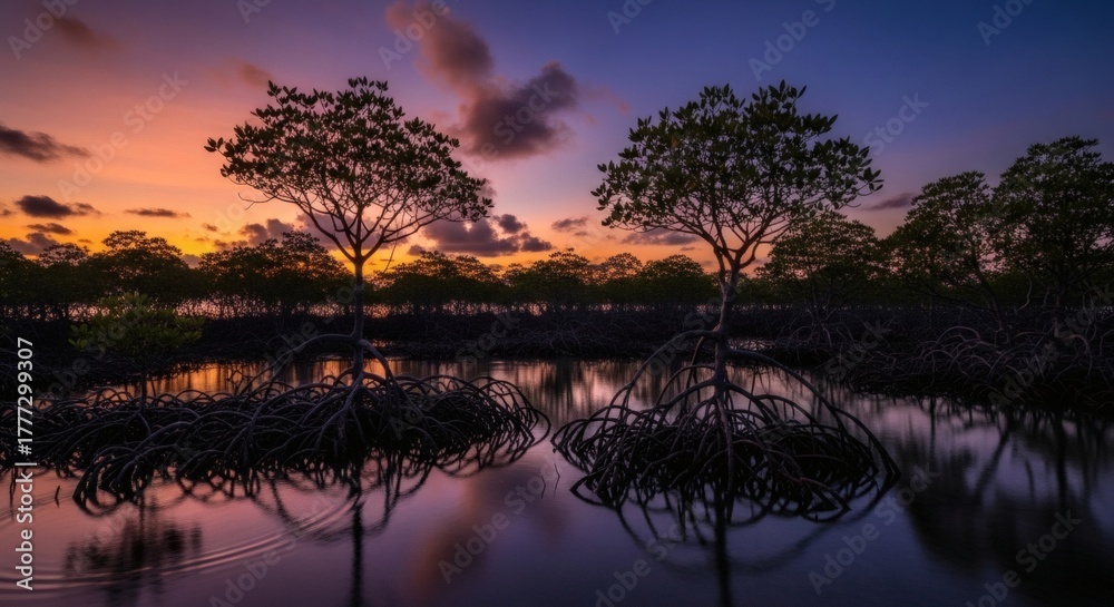 Naklejka premium Two trees with exposed roots reflect in still water under a vivid sunset sky