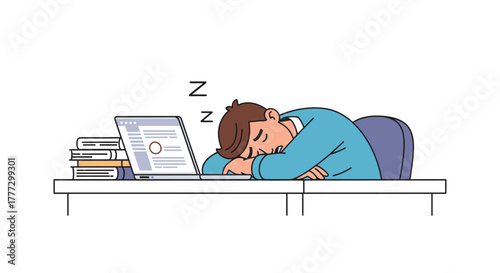 Exhausted student sleeping at desk with laptop and books after long study session