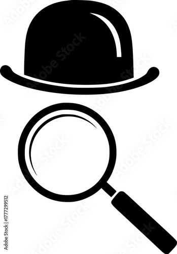 A bowler hat with a large magnifying glass. Concept: information retrieval, investigation, detective work, secrets, and a vintage mystery.