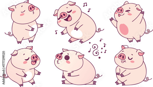 Vector cute pigs cartoons isolated. cute cartoon pigs in different poses and expressions. Set of nine adorable chubby pigs with round bodies, small ears, and pink snouts.