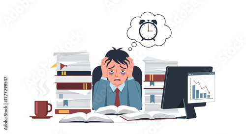 Stressed employee drowning in paperwork with looming deadlines impacting company performance