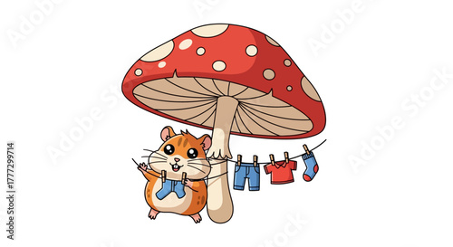 Adorable hamster hanging laundry under a whimsical mushroom house illustration bringing charm and