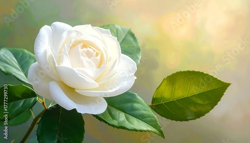 Pristine white rose blossom with delicate petals, contrasting with lush green leaves against a soft, blurred background