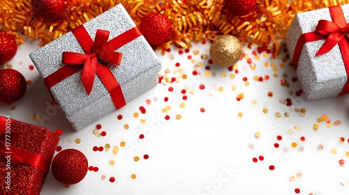 Silver and red christmas gifts with ornaments isolated on white background