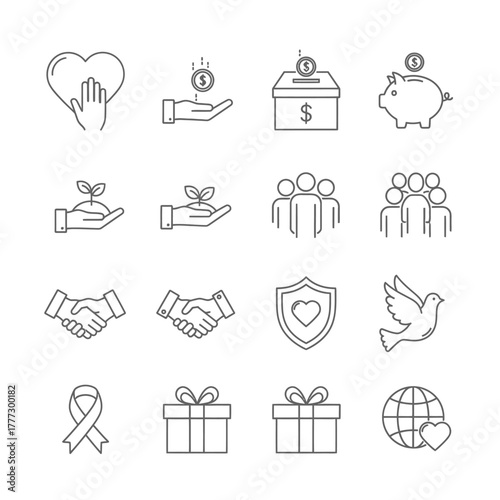 Collection of Minimalist Charity and Donation Icons in Outlined Style.