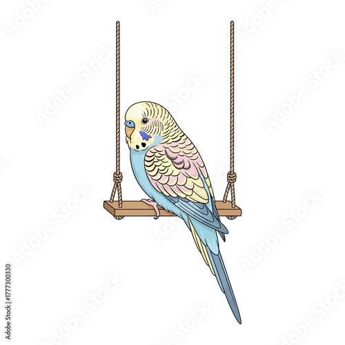Vibrant Colorful Budgie Bird Sitting Happily on a Wooden Swing Illustration Art