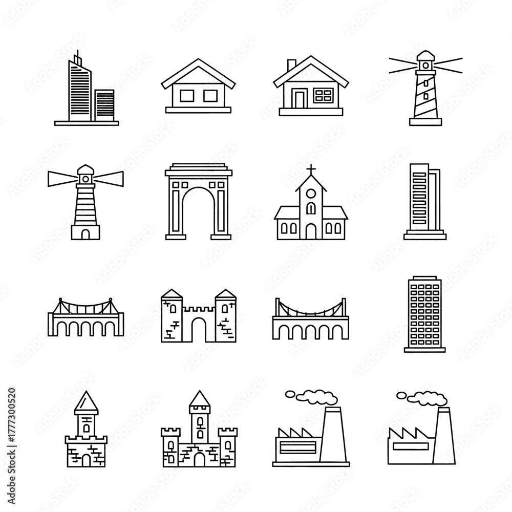 Fototapeta premium Collection of Minimalist Line Art Icons Representing Various Buildings and Structures.