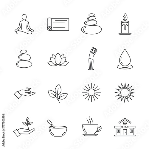 Collection of Minimalist Line Art Icons Representing Wellness and Relaxation Concepts.