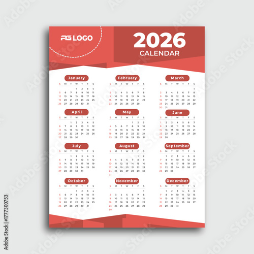 2026 calendar template with months and dates, isolated on white background