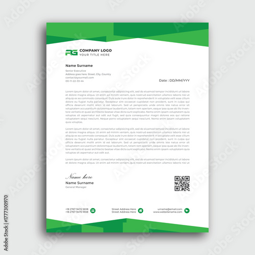 Modern letterhead design with green geometric accents and company logo