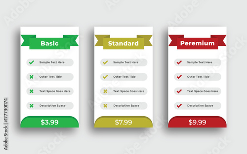 Three pricing plan cards with different features and prices