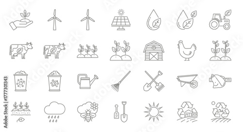 Collection of Outline Icons Representing Agriculture and Farming Concepts.