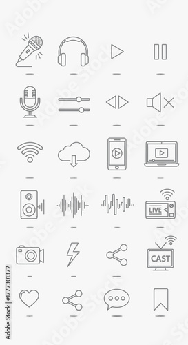 Collection of Outline Icons Representing Audio and Media Technology.