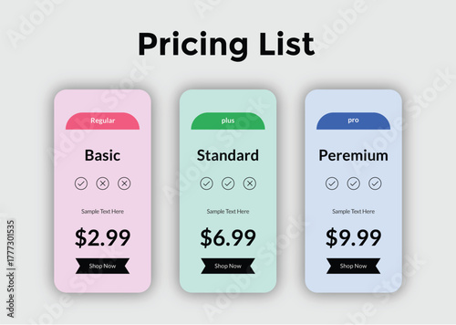 Pricing list with three different subscription plans basic, standard, and premium