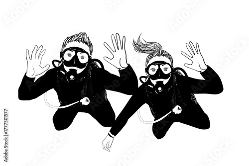 Scuba divers waving hand illustration