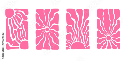 Abstract retro sunshine illustration with radial sun rays, groovy wavy lines and tones. Summer psychedelic design, vintage poster art with bright yellow sunlight and curves.