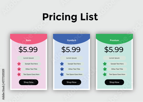 Three pricing list cards with different color options and features
