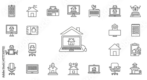 Collection of Outline Icons Representing Real Estate and Home Technology.