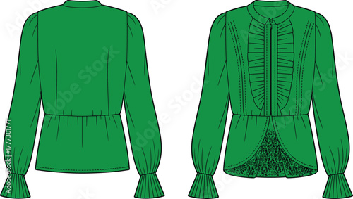 Green blouse fashion illustration, front and back view, ruffle details, button-down shirt, flared sleeves, technical sketch, garment design, apparel template