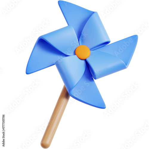3D Rendered Isolated Blue Pinwheel Toy with Stick and Orange Center