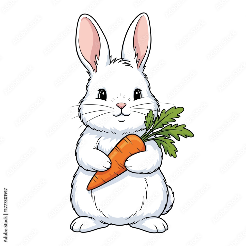 Obraz premium Adorable White Rabbit Sitting and Holding a Fresh Carrot and Green Leaves